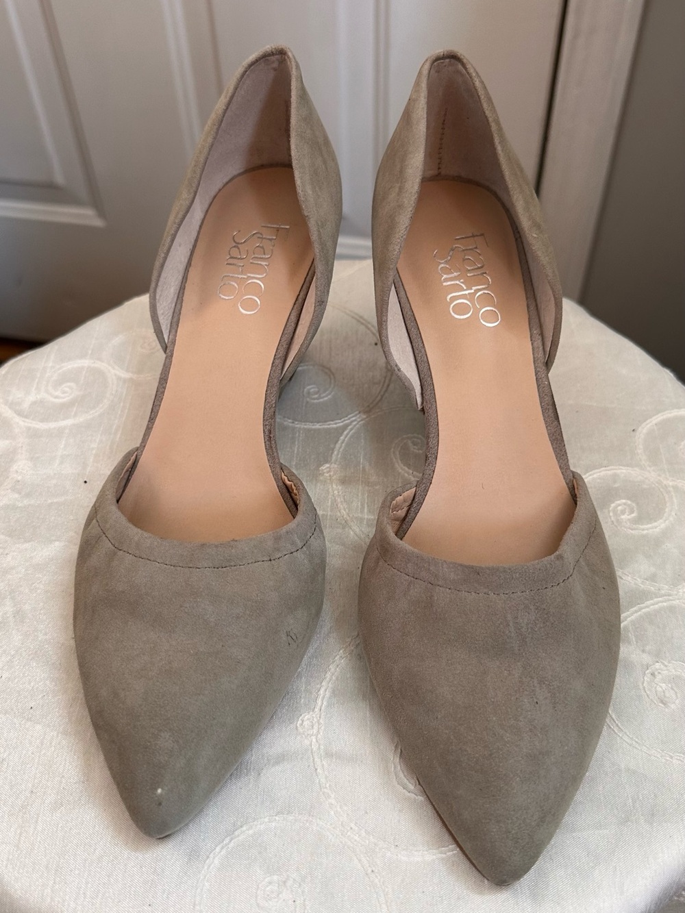 Franco Sarto Taupe Suede Pointed D’Orsay heels